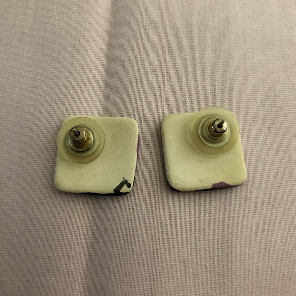 Vintage Pierced Porcelain Earrings - Black, Purple, Cream - Picture 2 of 3